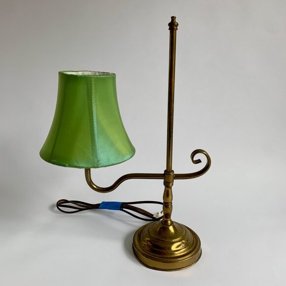 Vintage Brass Bridge Arm Lamp Desk Table WORKING with Green Shade - Picture 1 of 4